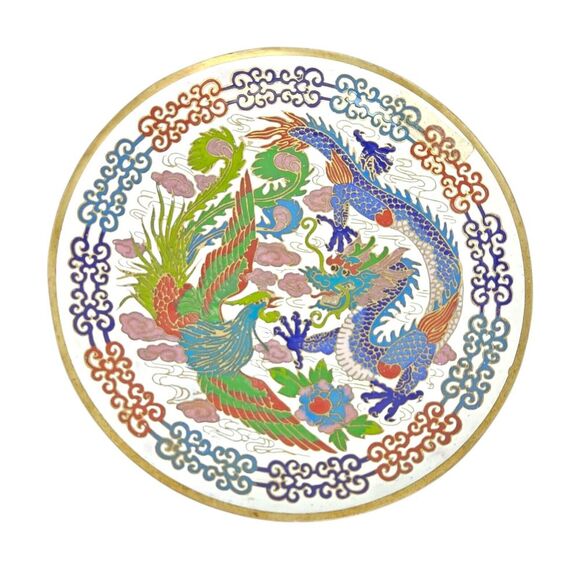 Old‎ Chinese Cloisonné Enamel Brass Dynasty Phoenix Dragon Plate 7 7/8
